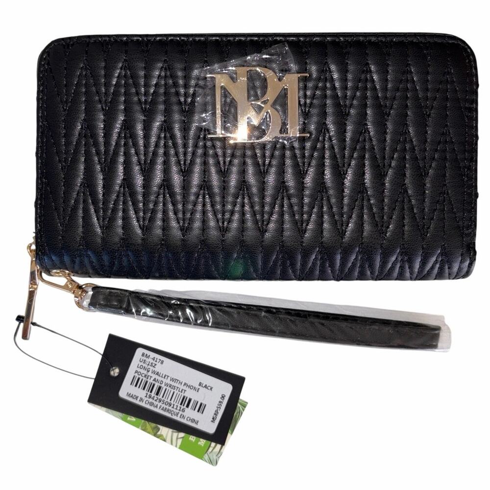 Badgley‎ Mischka Long Wallet Wristlet Phone Pocket Black Gold NWT $59 Old Money